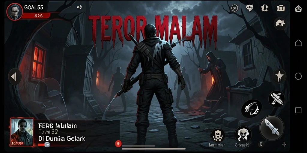 Screenshot gameplay GOAL55 menampilkan suasana horor yang mencekam.