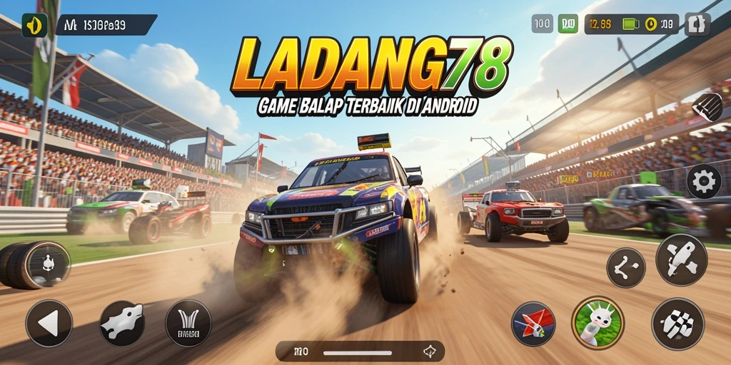 Screenshot LADANG78 menampilkan aksi balapan mendebarkan di trek.