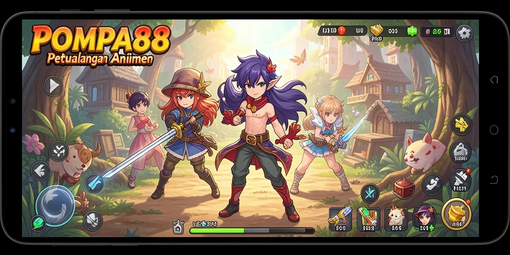 Tampilan gameplay POMPA88 yang penuh warna dan karakter menarik.