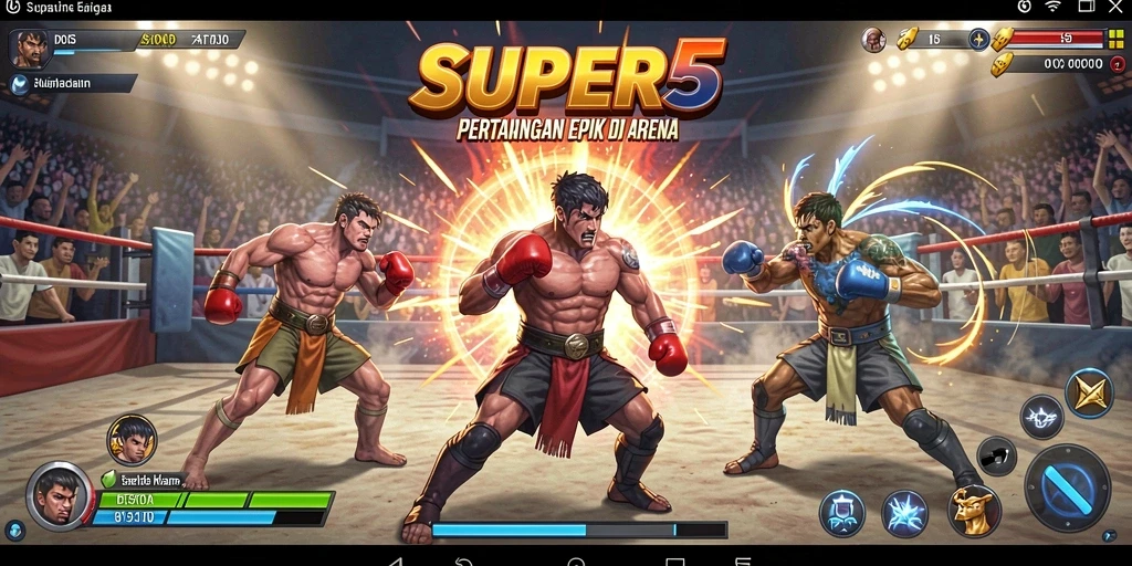 Tangkapan layar utama SUPER5 menampilkan pertarungan seru antara karakter-karakter game.